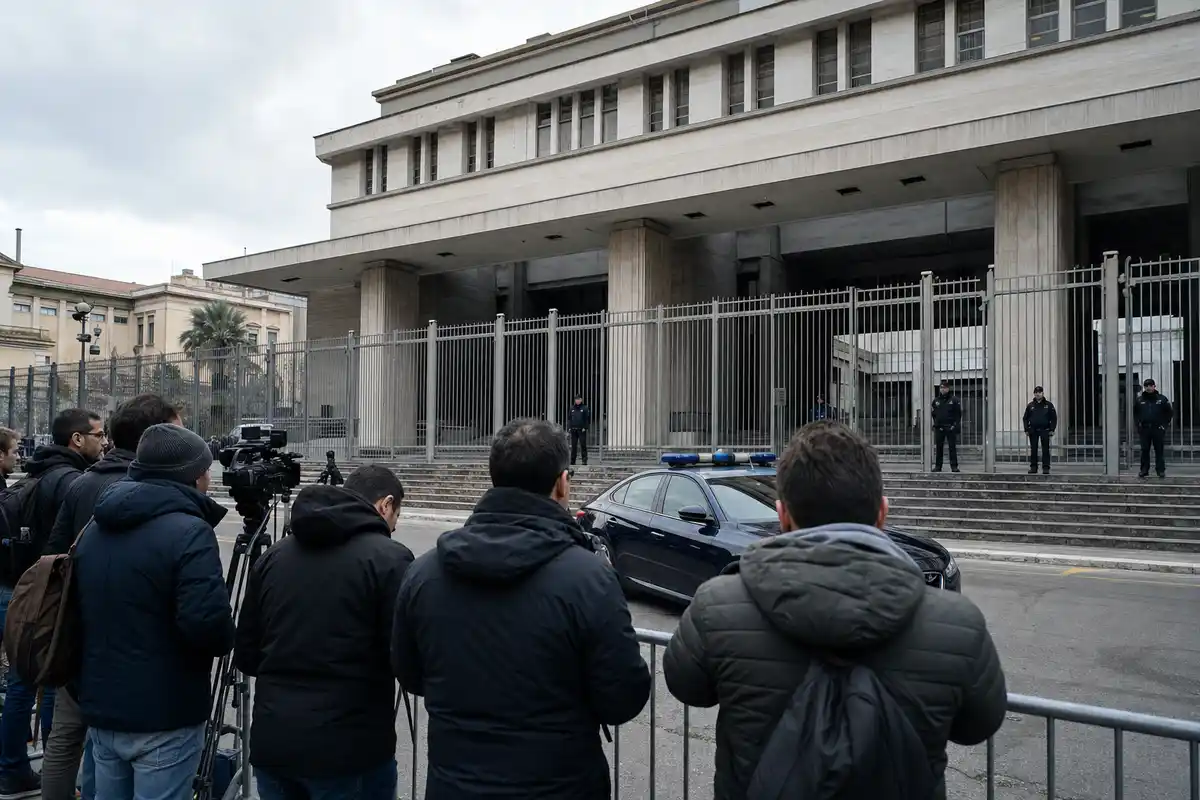 Giornalisti dietro una transenna davanti al tribunale, con auto della polizia e agenti all’ingresso