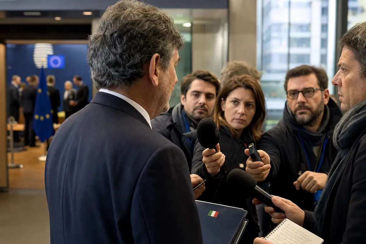 Funzionario in giacca e cravatta risponde ai giornalisti con microfoni in un edificio istituzionale europeo