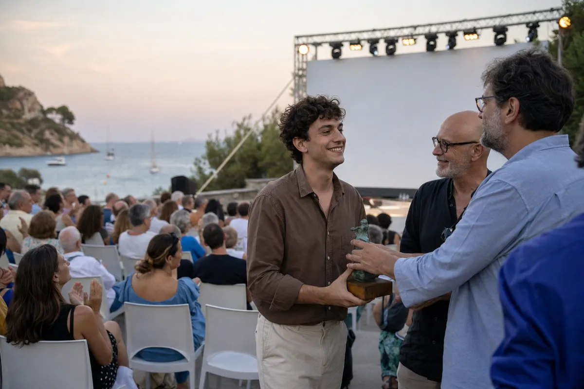 Giovane uomo riceve una statuetta durante un festival di cinema all’aperto al tramonto, con pubblico e mare sullo sfondo