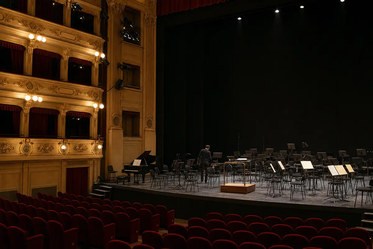 Interno di teatro d’opera con palchi dorati, poltrone rosse e palco con leggii, sedie e pianoforte