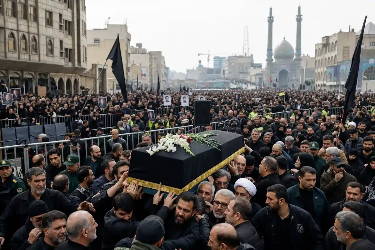 Corteo funebre a Teheran con bara coperta di nero portata tra la folla e bandiere nere davanti a una moschea