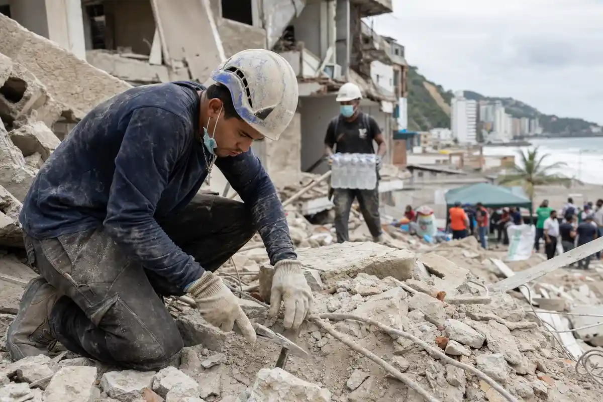 Soccorritore inginocchiato tra macerie e tondini, con casco e guanti, mentre un collega porta acqua sullo sfondo