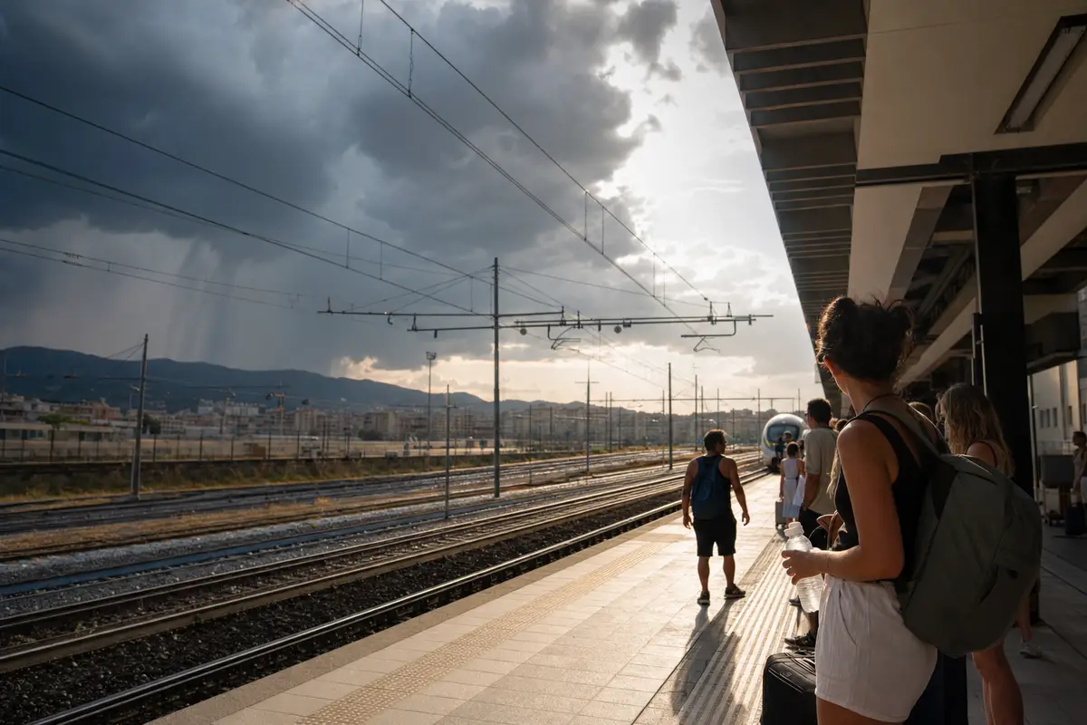 Viaggiatori su un binario in stazione con cielo diviso tra nubi temporalesche e sole intenso