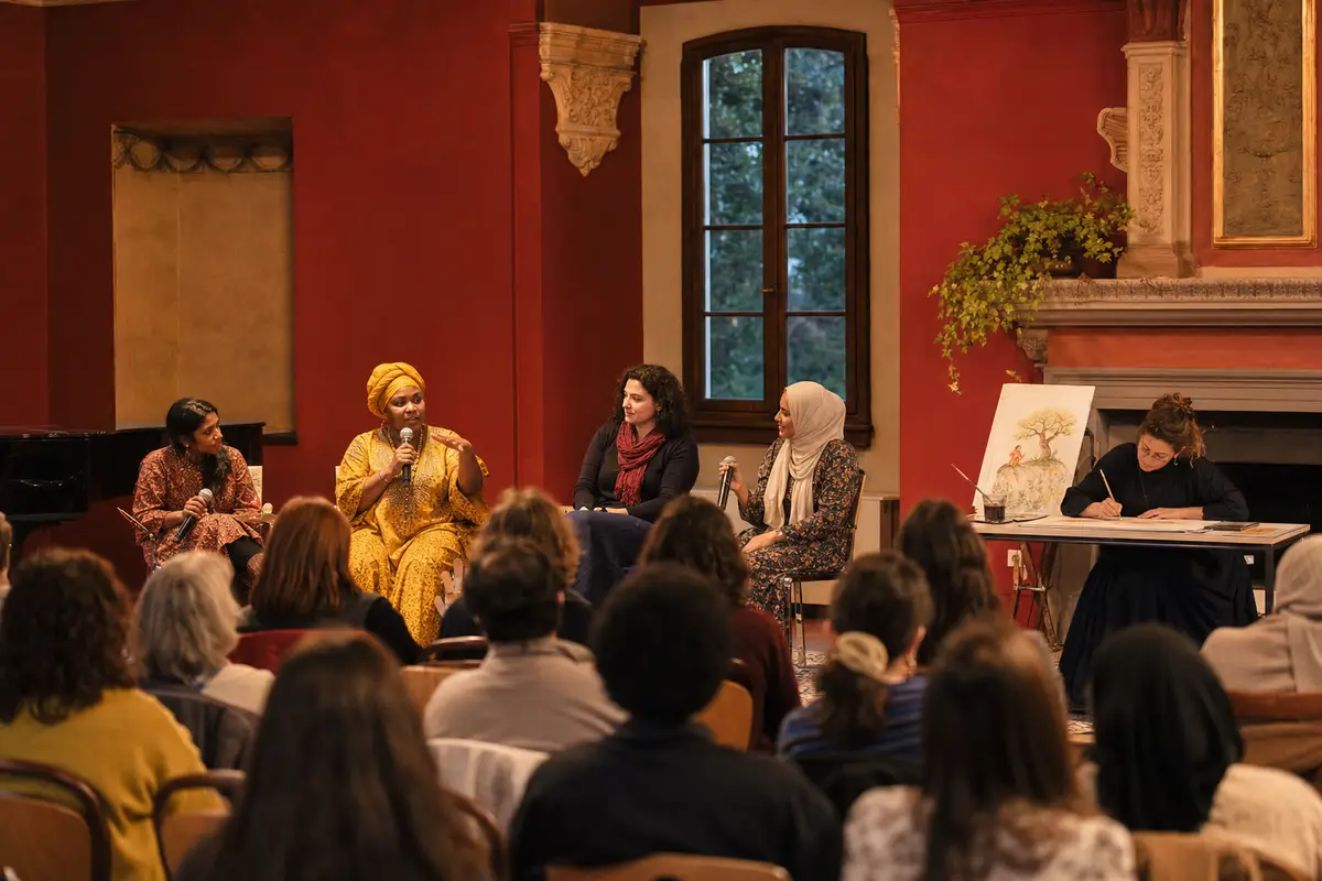 Incontro di narrazione in una sala rossa: quattro donne con microfoni e un’illustratrice al tavolo davanti al pubblico