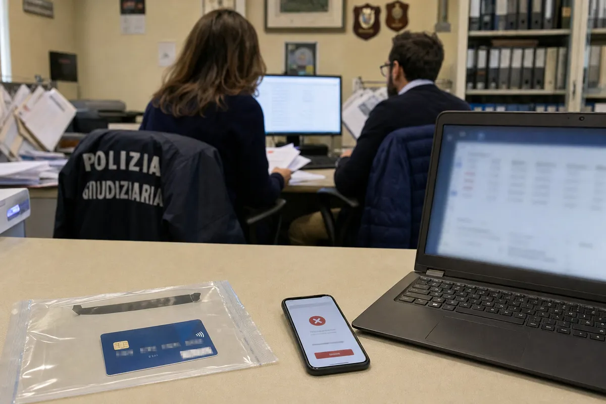 Bancomat in busta trasparente su un tavolo, smartphone con pagamento rifiutato e laptop in un ufficio di polizia