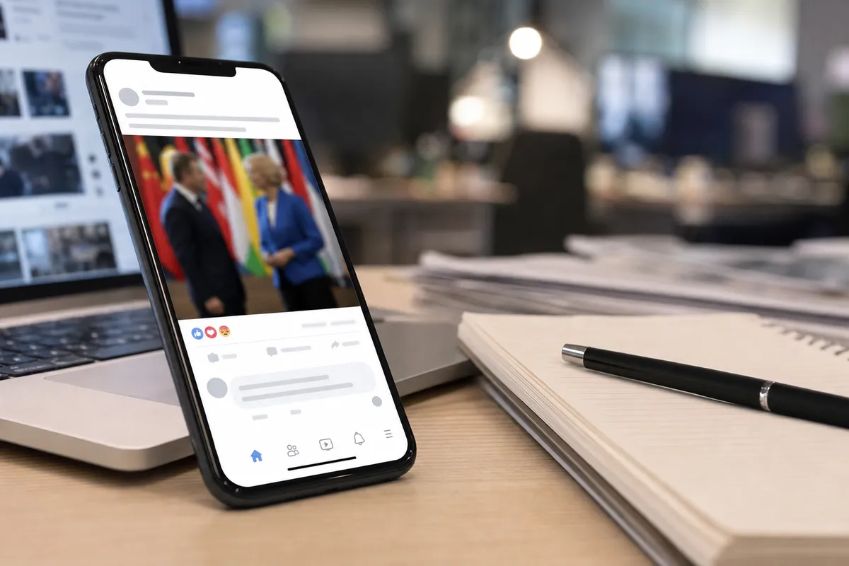 Smartphone su una scrivania di redazione con un post social e foto sfocata di due figure davanti a bandiere, laptop sullo