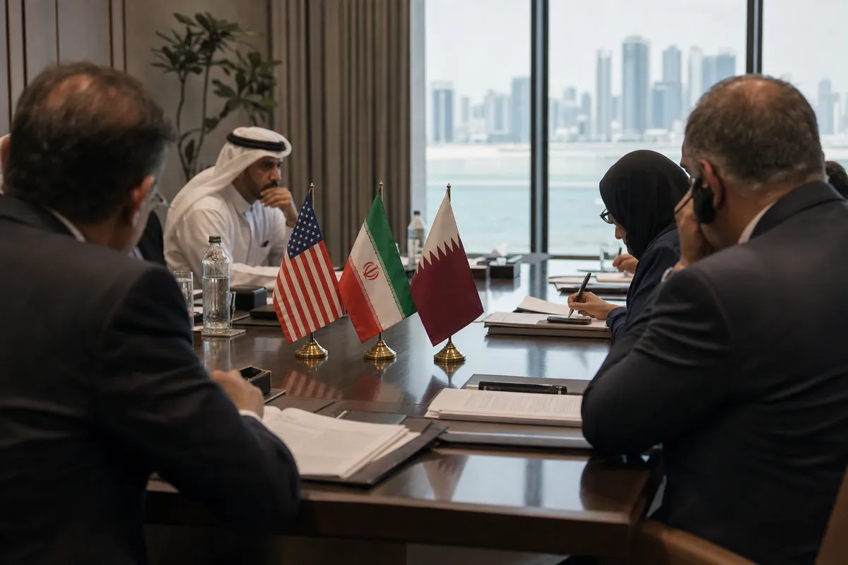 Bandiere da tavolo di Stati Uniti, Iran e Qatar durante una riunione diplomatica in sala conferenze con skyline sullo sfondo