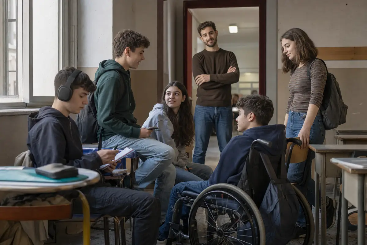 Gruppo di studenti in un corridoio scolastico: un ragazzo in sedia a rotelle e un compagno con cuffie mentre studia
