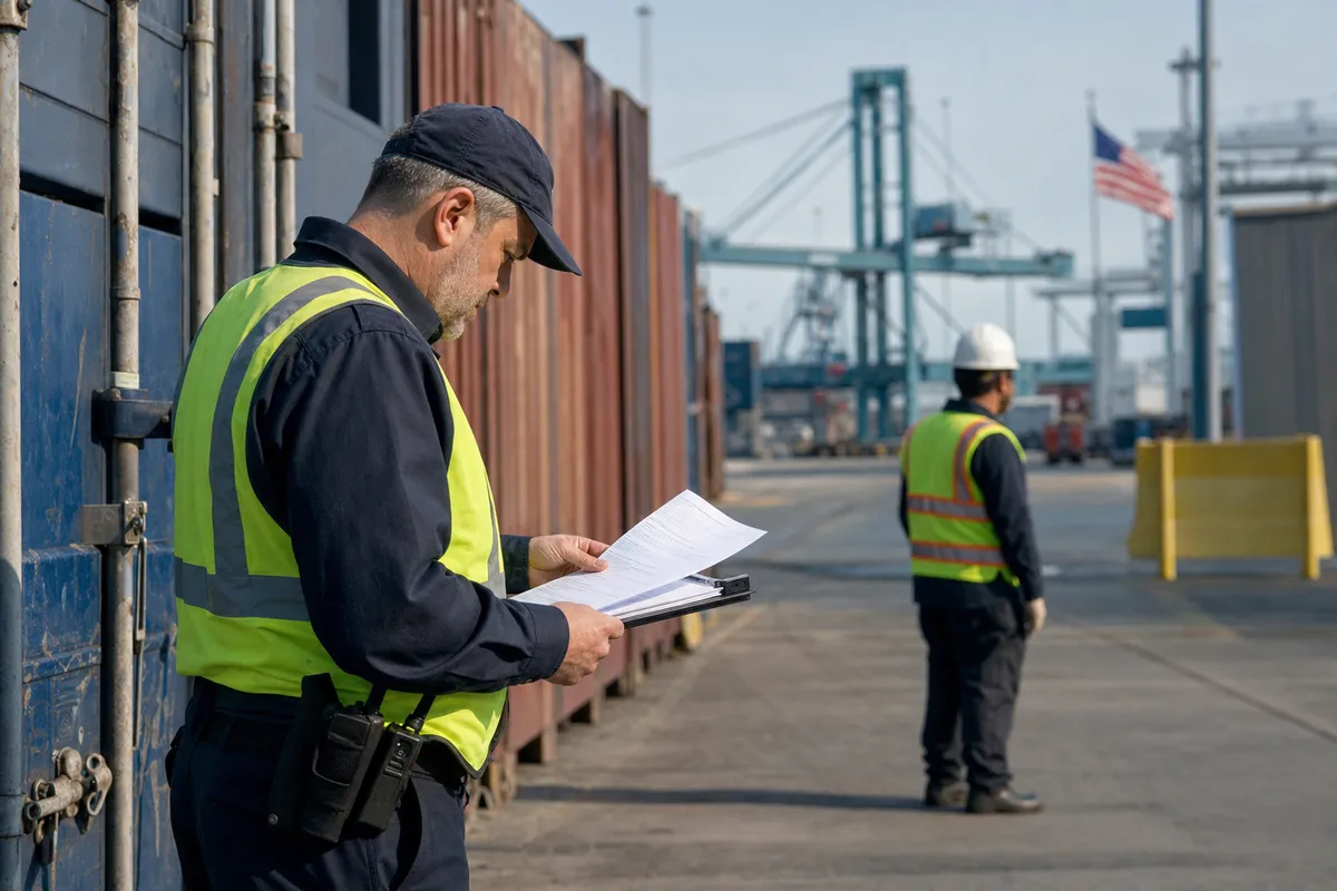 Ispettore doganale con giubbotto riflettente controlla documenti accanto a container in un porto, con gru e bandiera USA