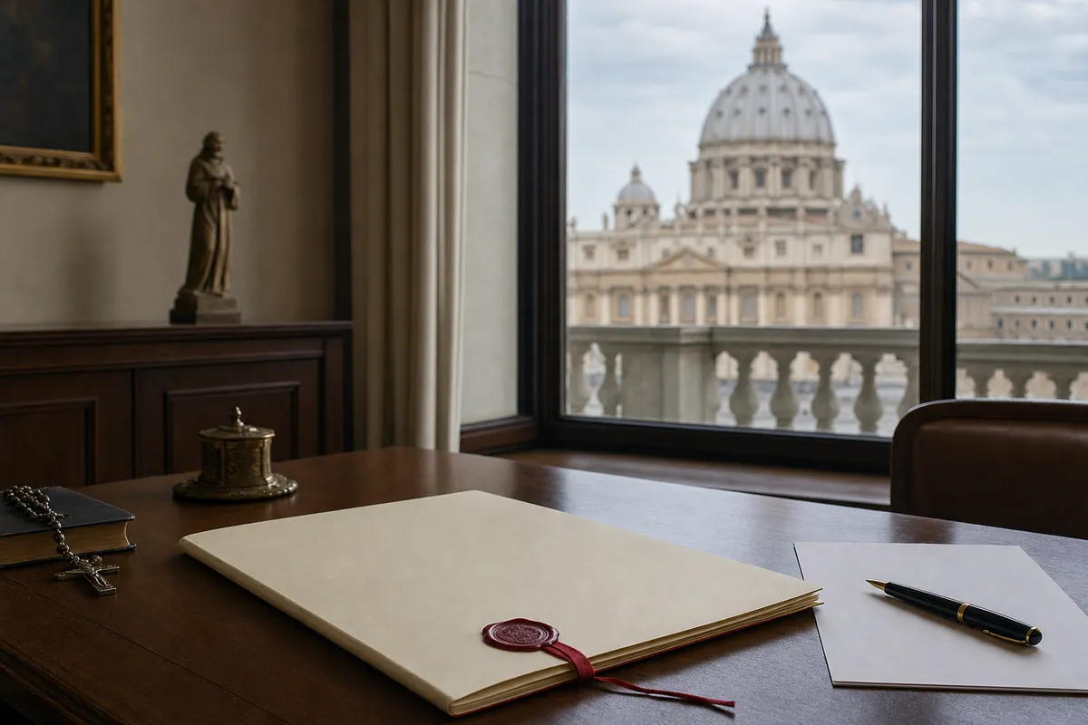 Cartella con sigillo rosso su scrivania, con cupola di San Pietro sfocata oltre una finestra