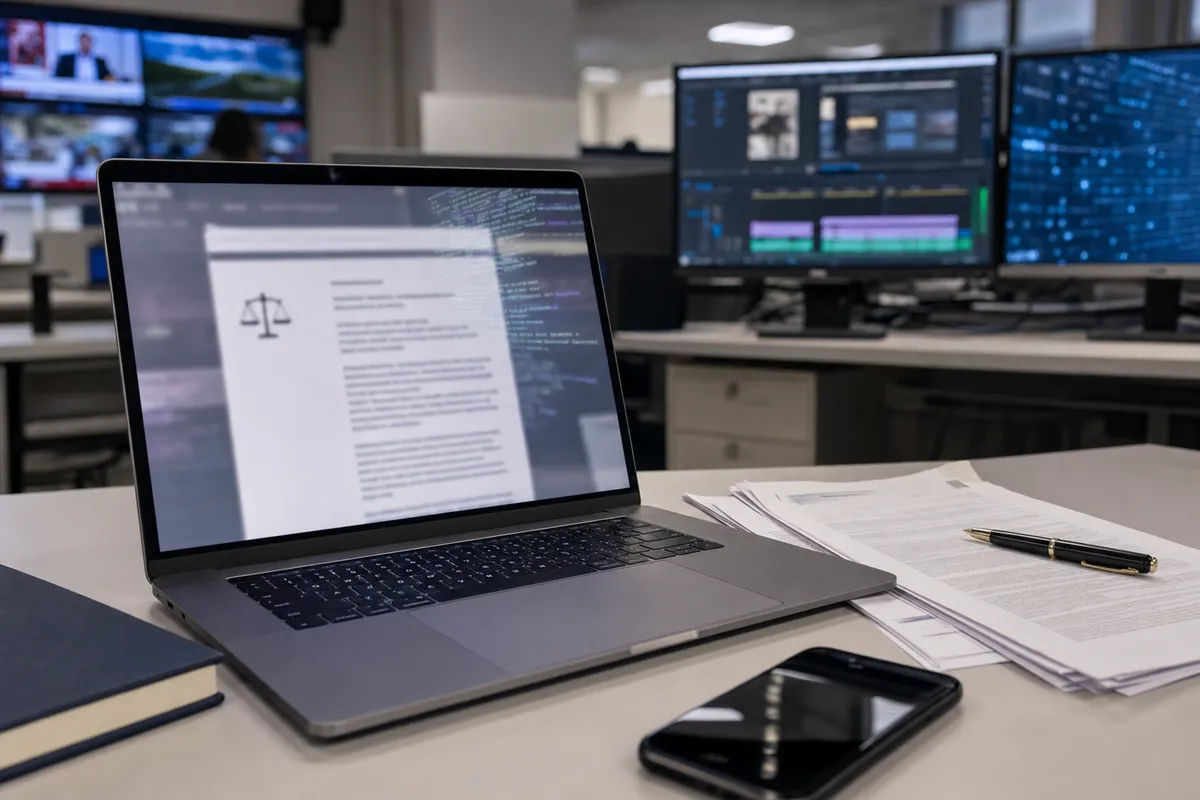 Laptop su scrivania con documento legale sullo schermo, fogli stampati e penna; sullo sfondo monitor di redazione