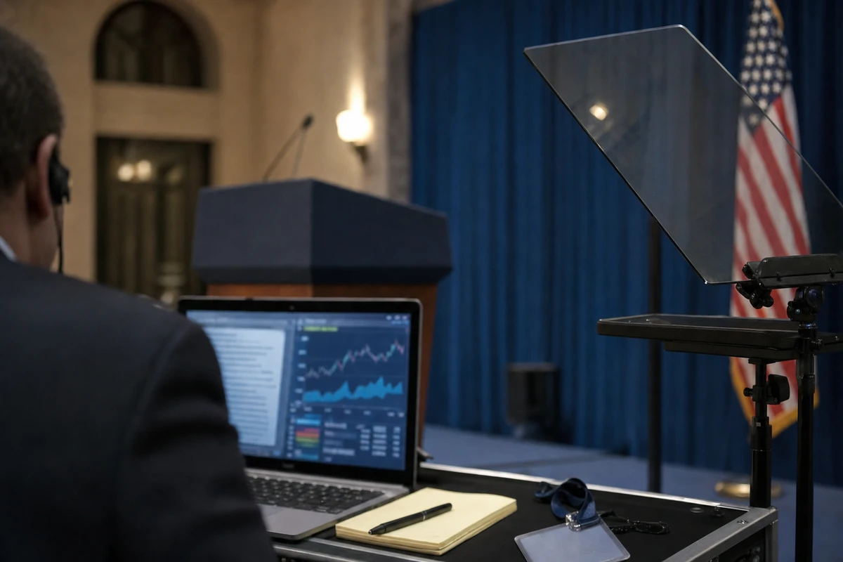 Operatore al laptop con grafici davanti a un teleprompter e un podio, tende blu e bandiera USA sullo sfondo