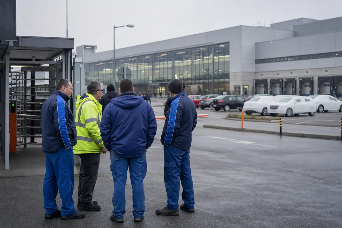 Operai in tuta e giacca alta visibilità davanti all’ingresso di uno stabilimento automobilistico, con auto parcheggiate
