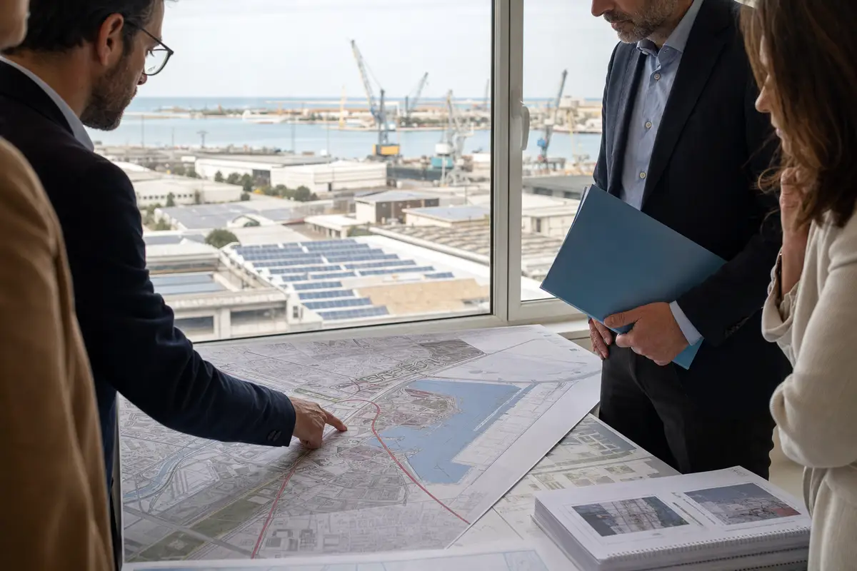 Professionisti discutono una mappa infrastrutturale in ufficio, con porto e pannelli solari visibili dalla finestra
